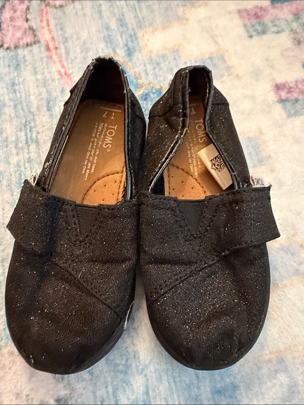 TOMS Kids Black Sparkle Hook-and-Loop Moccasins